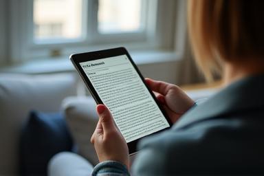 Person reading exclusive content on a tablet, showcasing early access to resources.