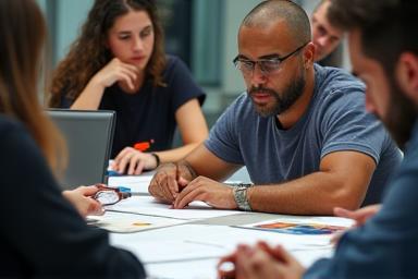 Several people participating actively in a hands-on workshop session.
