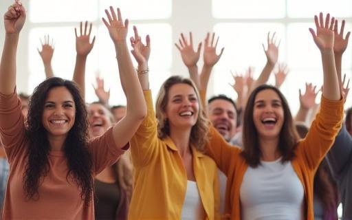 A diverse group of happy people raising their hands in celebration, symbolizing joining a community.