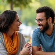 Two diverse people engaged in a friendly conversation, symbolizing peer-to-peer support.