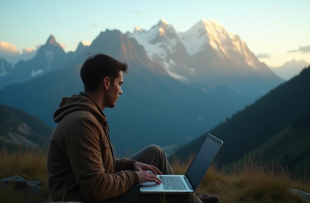 Digital nomad working on a laptop with a beautiful mountain view, symbolizing freedom and remote work.